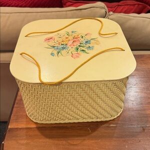 Vintage HARVEY Sewing Basket Yellow Floral String Lid Spools Cottagecore RARE